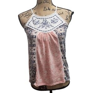 Jolt XS Tank Top Embroidered Floral Pink White Boho Summer